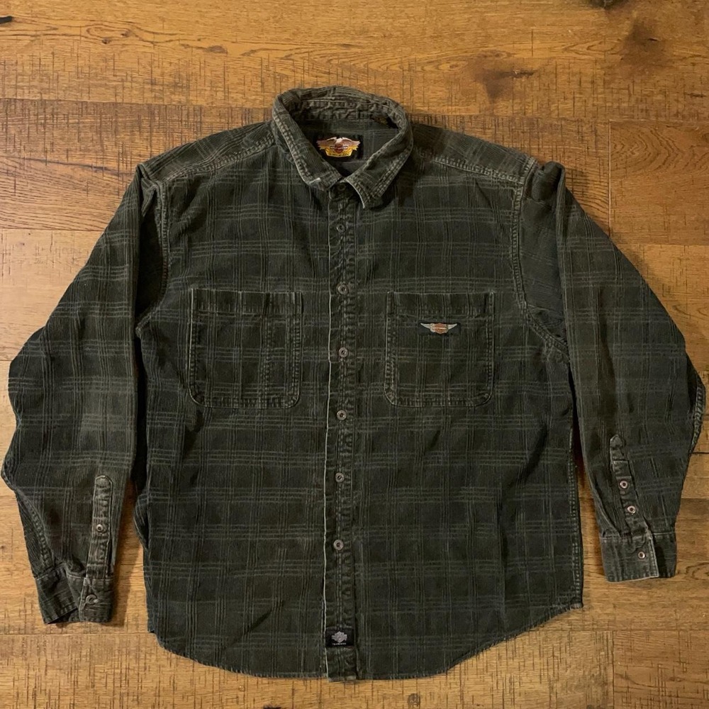 Harley Davidson Button Up Shirt Mens XXL Gray Plaid Corduroy Biker Grunge Goth